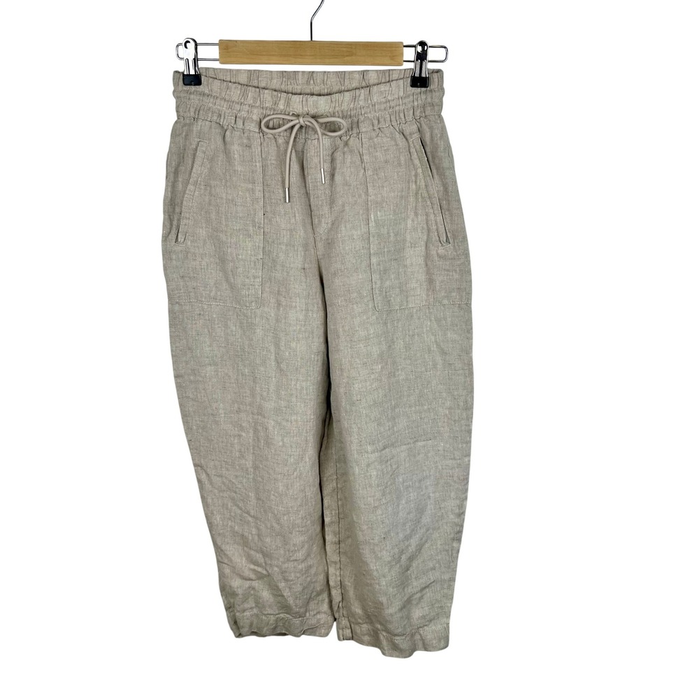 Athleta Womens XS Oatmeal Beige 100% Linen High Rise Loose Lounge Crop Pants